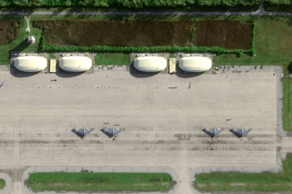 Four B-2 bomber planes on the tarmac of a military base on Diego Garcia island. Photo: Planet Labs PBC/AFP