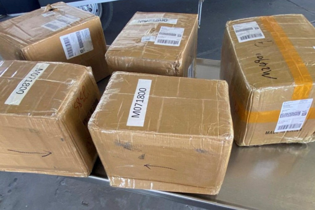 The Houston division of the US Drug Enforcement Administration displayed what it said were seized packages containing fentanyl precursor chemicals on March 26. Photo: DEA via Reuters