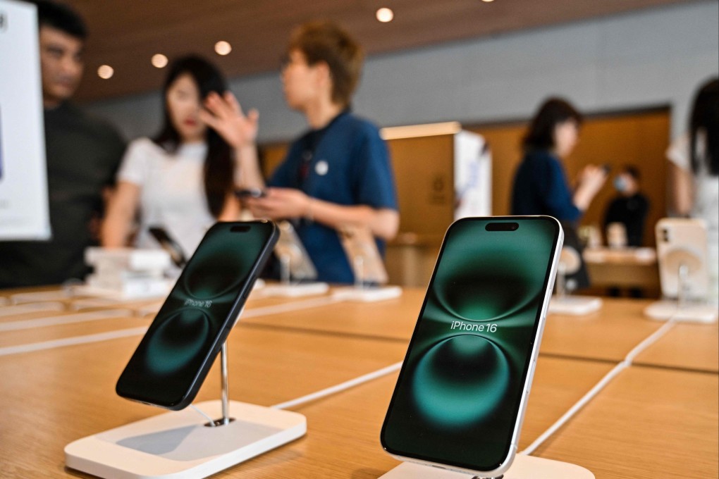 The iPhone 16 displayed at an Apple Store in Shanghai on April 10. Photo: AFP
