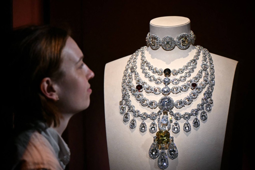 A visitor to the Cartier exhibition at London’s V&A looks at the Patiala Necklace, commissioned in 1928 by Bhupinder Singh of Patiala, the Maharaja of the princely state of Patiala, India. Photo: AFP