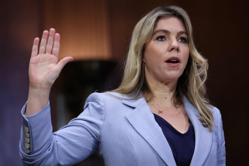 Sarah Wynn-Williams, former Director of Global Public Policy at Facebook, is sworn in before testifying during a Senate Judiciary Committee hearing in Washington on Wednesday. Photo: AFP