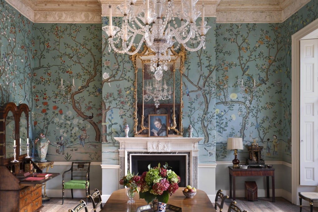 De Gournay hand-painted Abbotsford wallcovering on Ice Blue India tea paper. Photo: courtesy de Gournay.