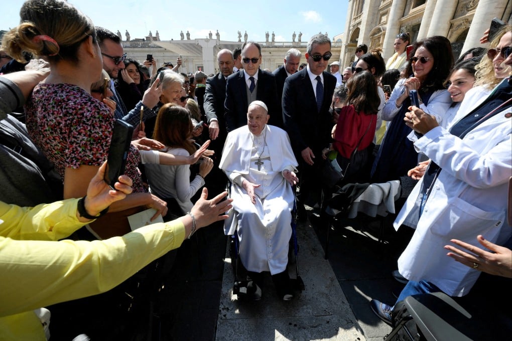 Pope Francis appears for the first time since his return to the Vatican, on the day of a Mass for Jubilee of Sick and Health Care Workers in Saint Peter’s square on Sunday. Photo: Vatican media via Reuters