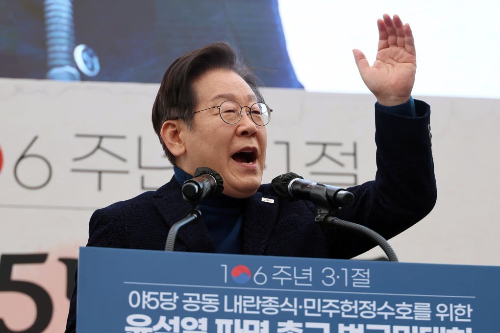 Lee Jae-myung addresses a rally in Seoul on March 1. Photo: EPA-EFE