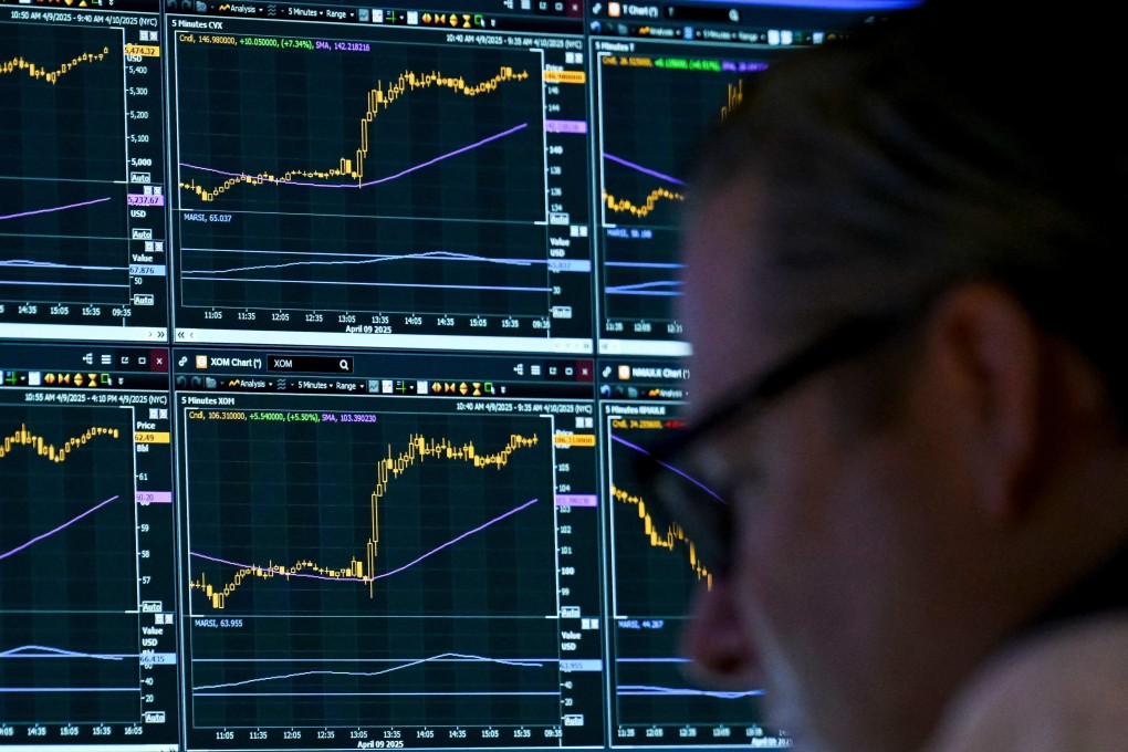 A trader works on the floor of the New York Stock Exchange on April 9, 2025. Stocks fell again on Thursday as traders brace for more trade hostility. Photo: AFP