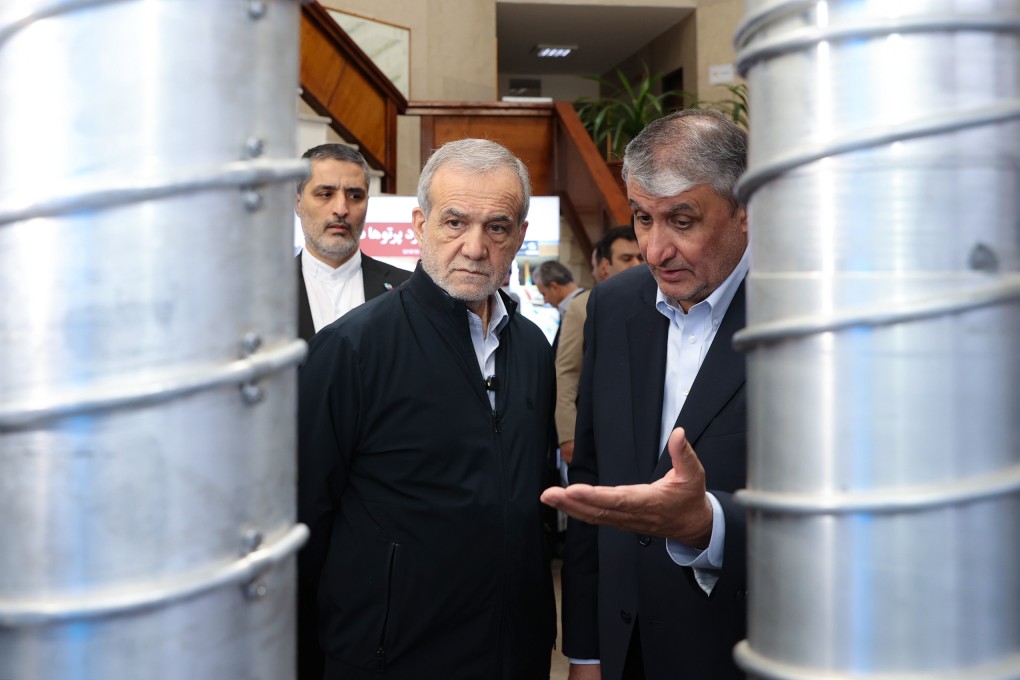 Iranian President Masoud Pezeshkian (centre, left) visit an exhibition on Iran’s nuclear achievements on Wednesday. Photo: Iranian Presidency/Zuma Press Wire/dpa
