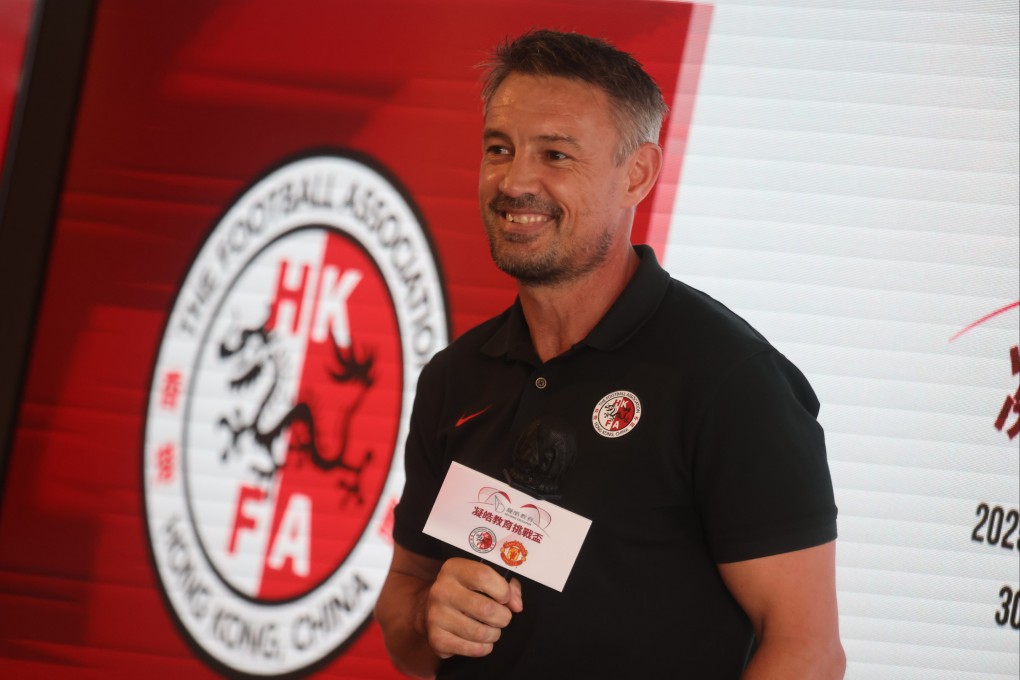 Ashley Westwood speaks at the press conference for Hong Kong’s meeting with Manchester United. Photo: Jonathan Wong