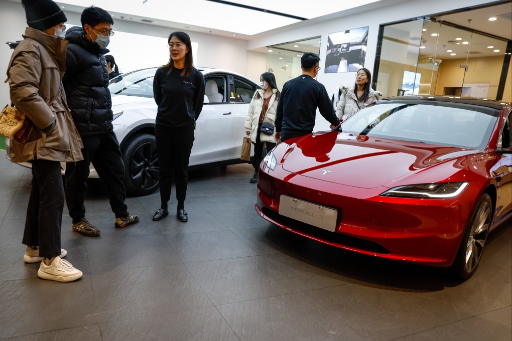 Tesla’s Model 3 on display at a showroom in Beijing. Photo: EPA-EFE