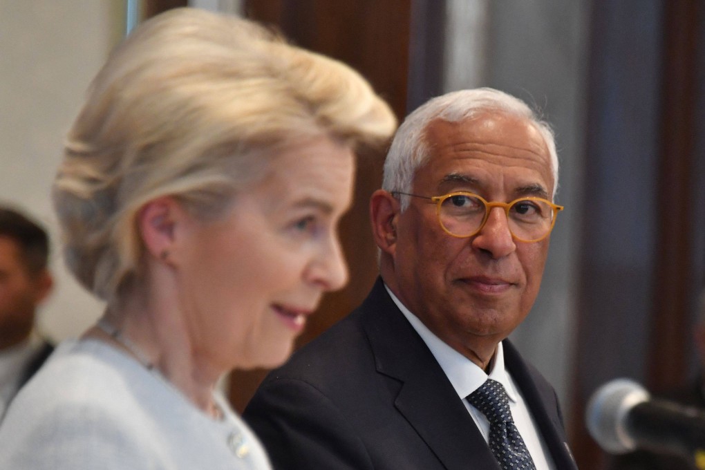European Commission President Ursula von der Leyen (left) and European Council President Antonio Costa hold forth at a press conference in Samarkand, Uzbekistan, on April 4. Photo: AFP