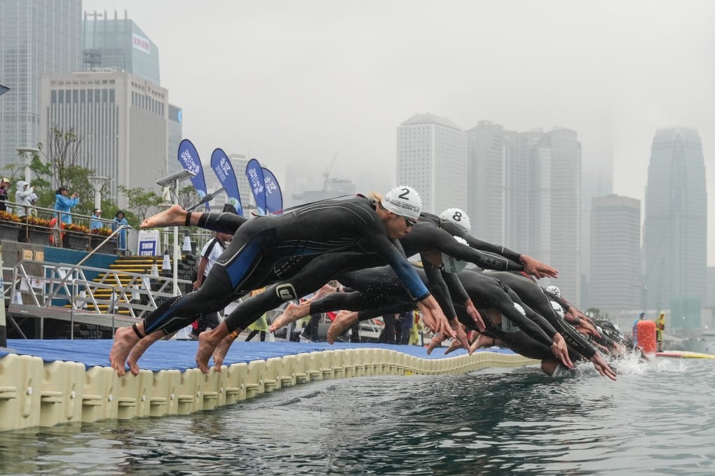 The start of the men’s race at this month’s Asia Triathlon Sprint Championships on Hong Kong’s harbourfront. Photo: Eugene Lee