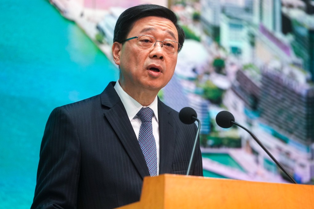 Chief Executive John Lee Ka-chiu speaks to the media at the government offices in Tamar on April 8. Lee slammed the United States for undermining global trade and bringing risks and uncertainties to the world through its “reckless imposition of tariffs”. Photo: Sun Yeung