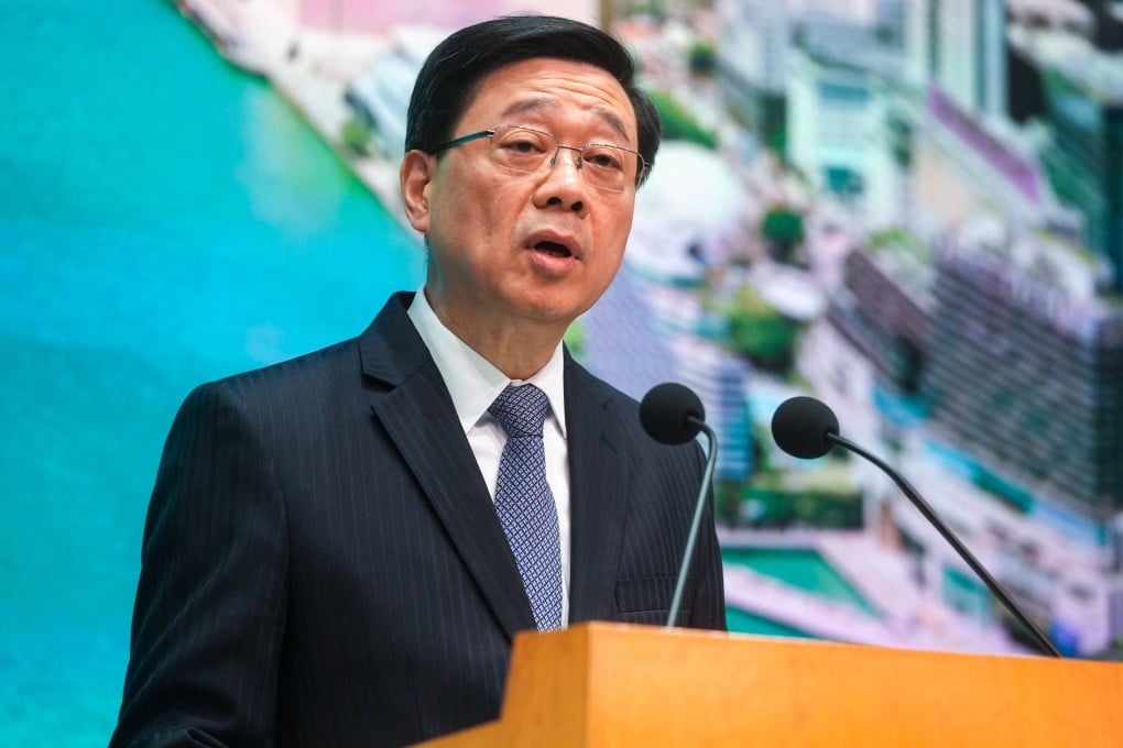 Chief Executive John Lee Ka-chiu speaks to the media at the government offices in Tamar on April 8. Lee slammed the United States for undermining global trade and bringing risks and uncertainties to the world through its “reckless imposition of tariffs”. Photo: Sun Yeung