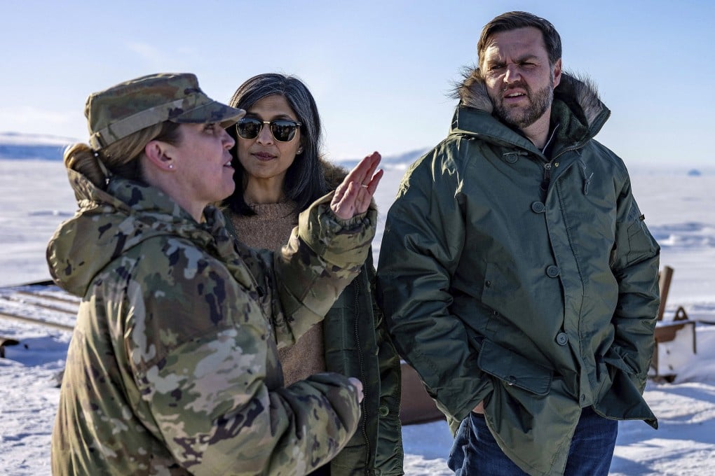 US Vice- President J.D. Vance and second lady Usha Vance listen to Colonel Susan Meyers as they tour the US military’s Pituffik Space Base in Greenland in March. Photo: AP