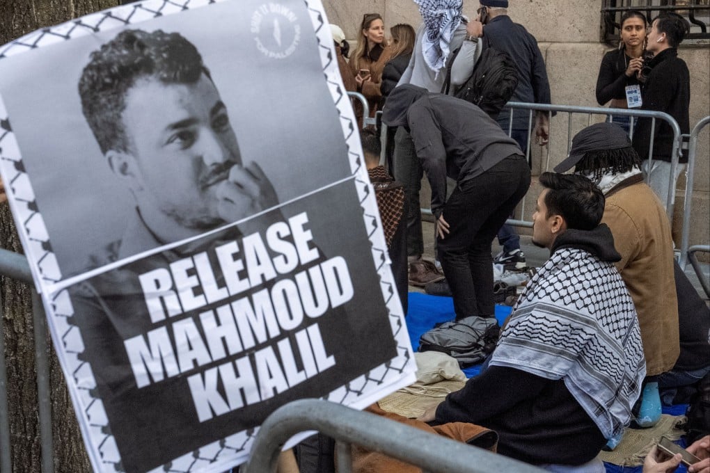 Muslim protesters pray outside the main campus of Columbia University during a demonstration to denounce the immigration arrest of Mahmoud Khalil in New York in March. Photo: Reuters
