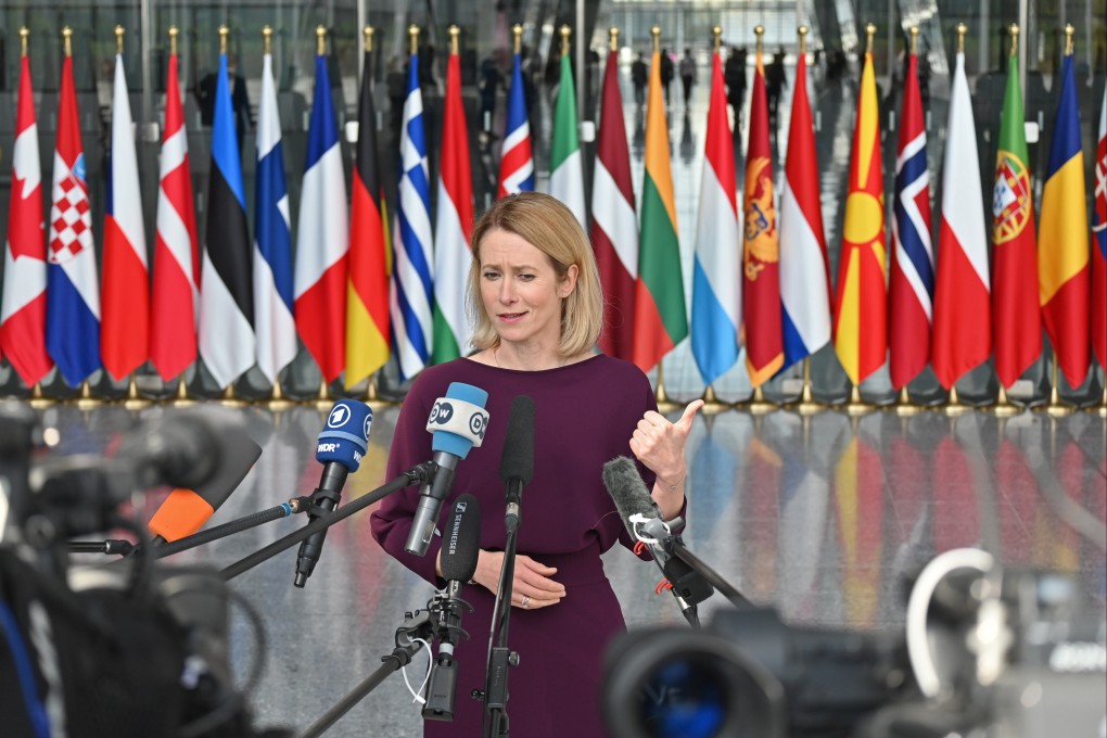 EU High Representative for Foreign Affairs Kaja Kallas talks to journalists as Defence ministers from the “coalition of the willing” nations, who are some of Kiev’s closest allies, meet at NATO headquarters in Brussels on Thursday. Photo: dpa
