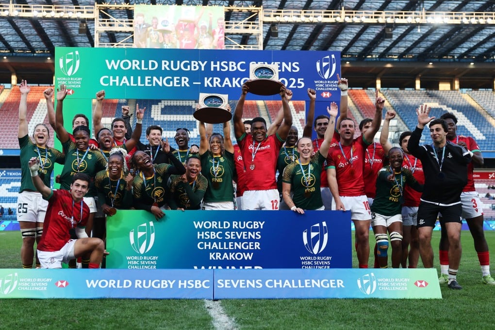 Portugal’s men and South Africa’s women celebrate their respective victories together at the HSBC Challenger Series in Krakow. Photo: Reuters