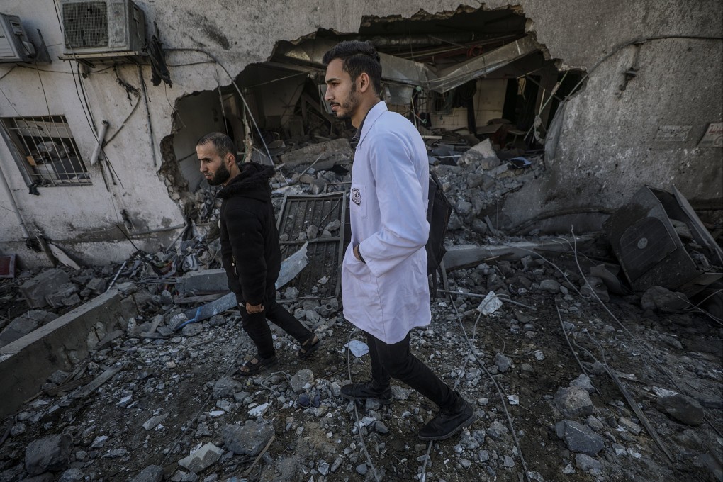 A Palestinian doctor at the site of the destroyed Al Ahli Baptist hospital on Sunday following an Israeli air strike in Gaza City. Photo: EPA-EFE
