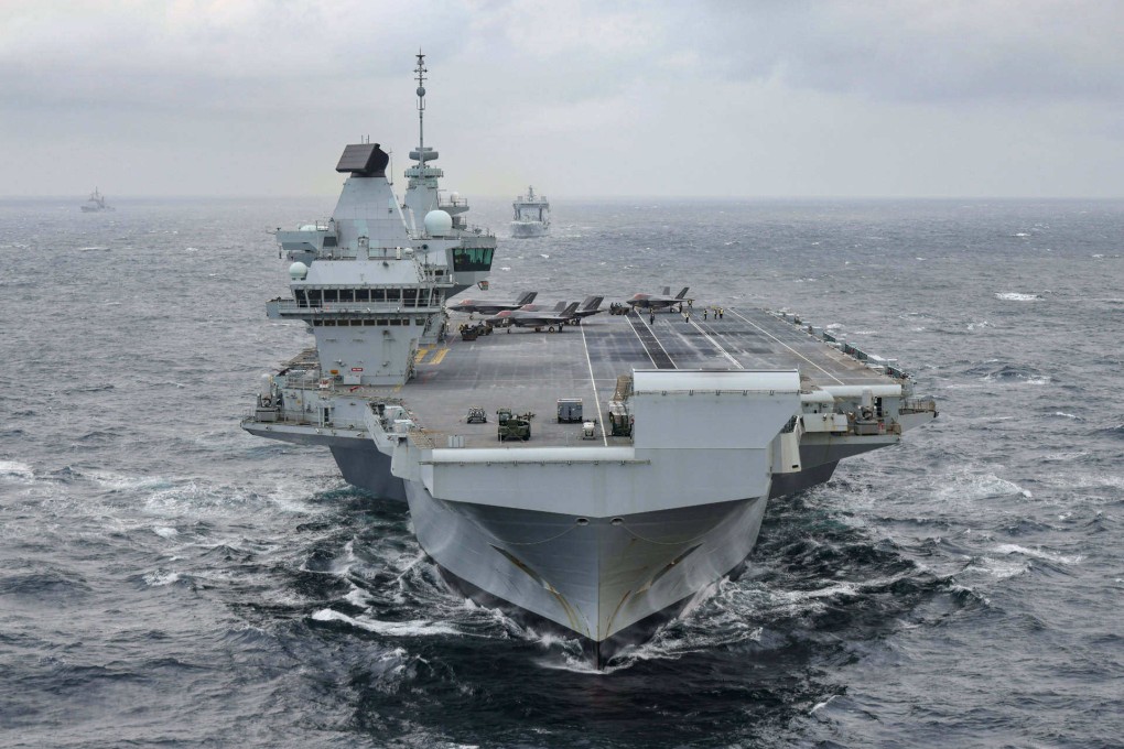 The HMS Prince of Wales (foreground) with F-35B Lightning jets on deck, RFA Tidespring (right) and USS Gettysburg (left). Photo: Handout