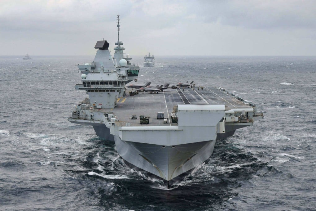 The HMS Prince of Wales (foreground) with F-35B Lightning jets on deck, RFA Tidespring (right) and USS Gettysburg (left). Photo: Handout