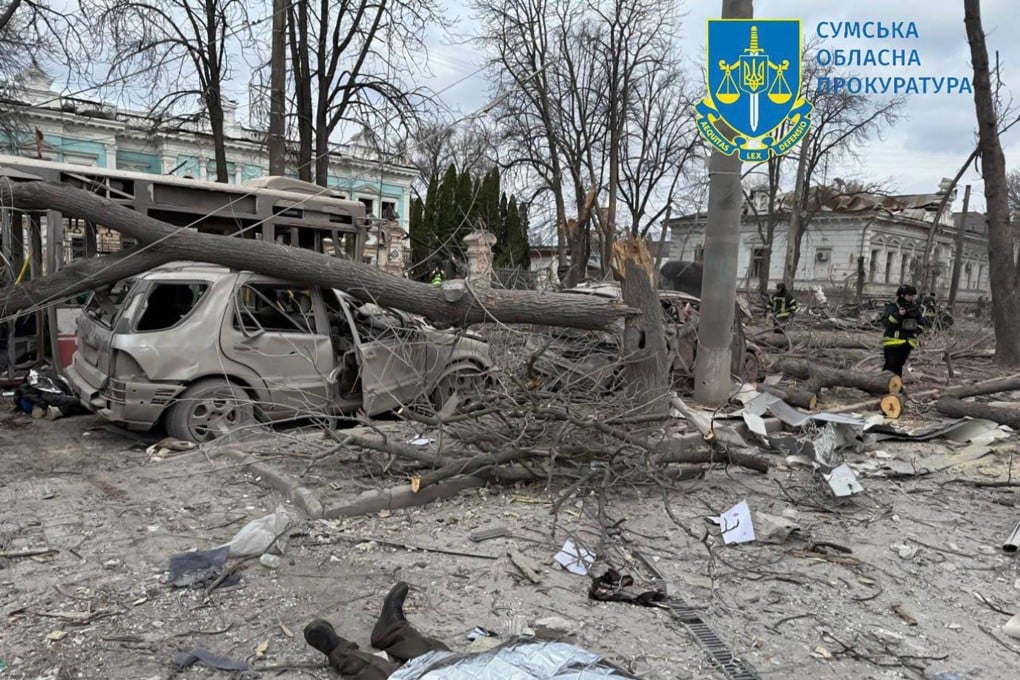 The covered body of a person killed during a Sunday morning missile attack in Sumy, Ukraine. Photo: Handout via AFP
