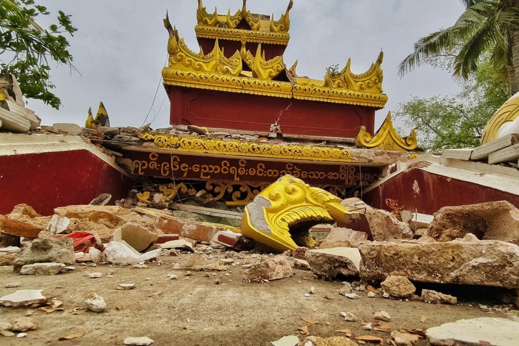 A destroyed Buddhist monastery is pictured in Inn Wa on the outskirts of Mandalay on April 6 following the devastating March 28 earthquake. The quake killed over 3,600 people and made thousands more homeless. Photo: AFP