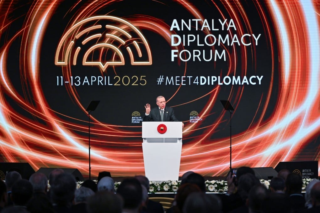 Turkish President Recep Tayyip Erdogan speaks at the opening of the fourth Antalya Diplomacy Forum in Antalya on Friday. Photo: Handout via Xinhua