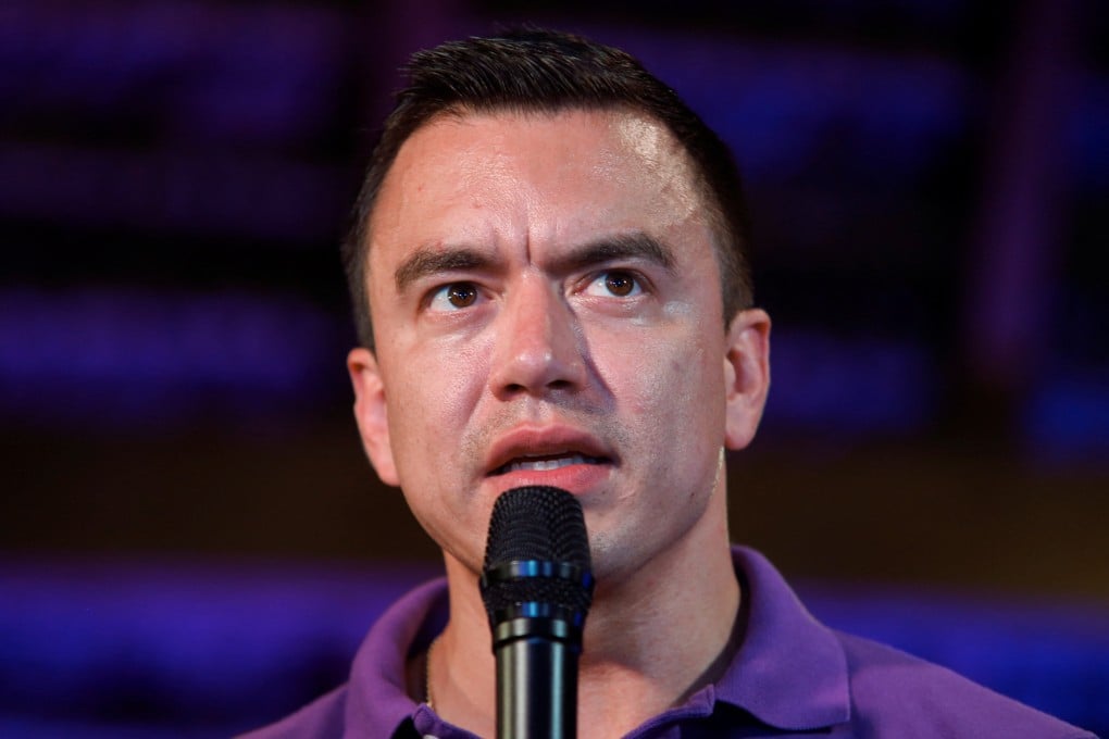 Ecuador’s President Daniel Noboa addresses the media on Sunday after the electoral council said he had won the presidential election. Photo: Reuters