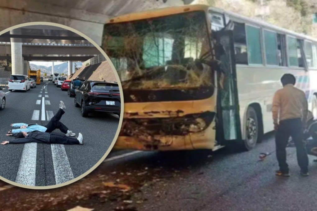Two Chinese women have been slammed for lying on a Japanese highway for photos after a bus crash that injured dozens of people caused a traffic jam. Photo: SCMP composite/RedNote