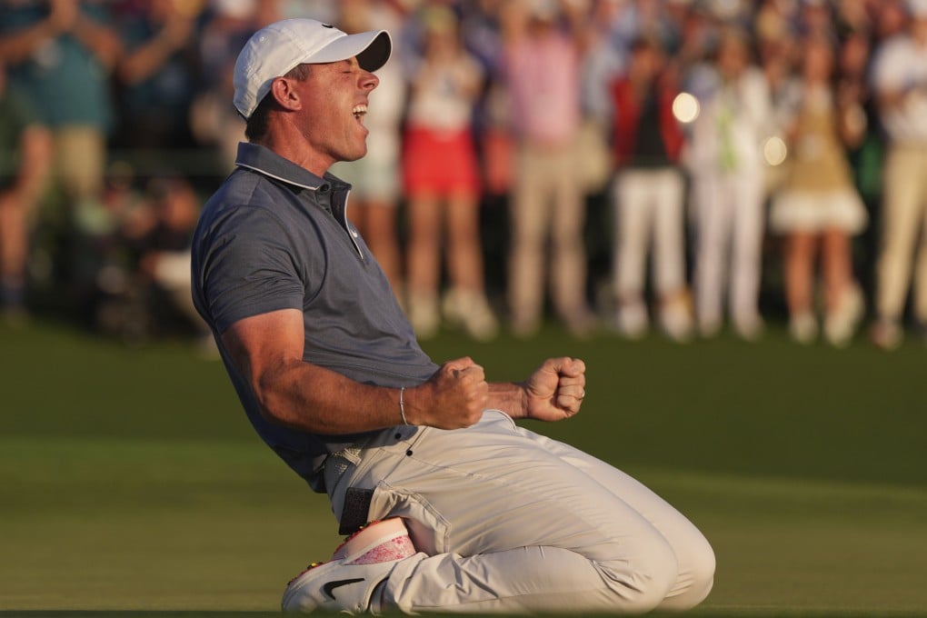 Rory McIlroy celebrates winning the Masters at Augusta National. Photo: AP