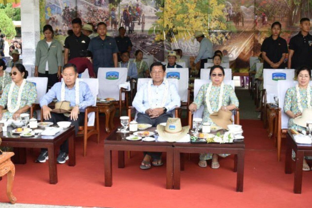 Myanmar military chief Min Aung Hlaing (centre) attends the opening ceremony of the Thingyan new year water festival on Sunday in Naypyitaw, Myanmar. Photo: Myanmar Military True News Information Team/AP