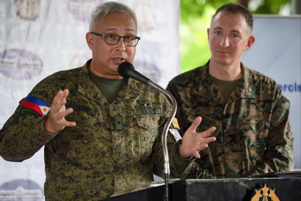 Philippine Army Brigadier General Michael Logico (left) and US Marine Corps Colonel Doug Krugman during a press briefing for the Balikatan drills at Camp Aguinaldo in Manila on Tuesday. Photo: AFP