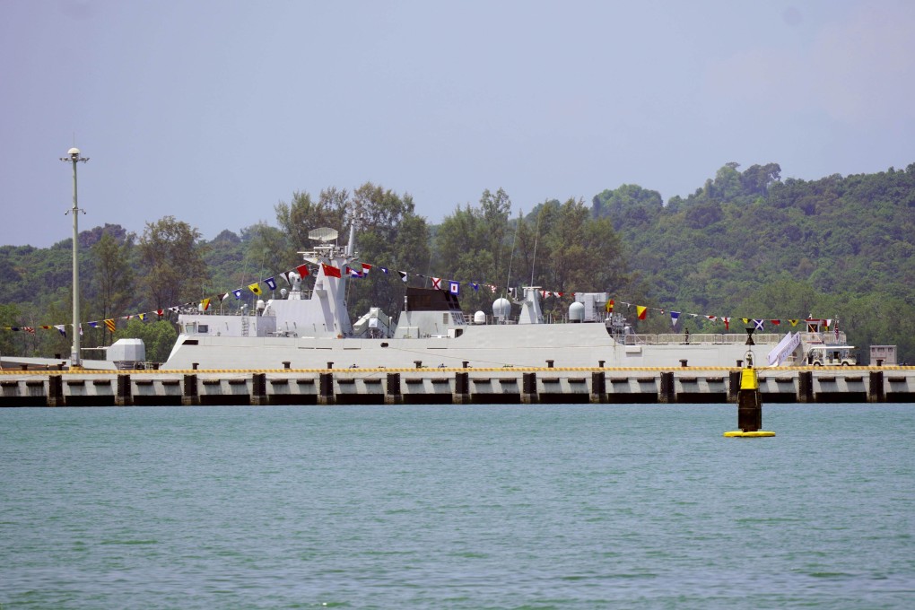 A Chinese naval vessel docked at Cambodia’s Ream Naval Base in Sihanoukville province on April 5. Photo: Kyodo