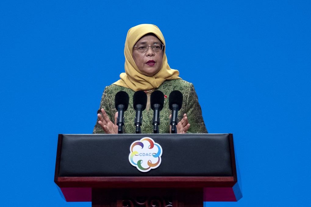 Singapore’s then-president Halimah Yacob delivers a speech at an overseas conference in 2019. Photo: AFP