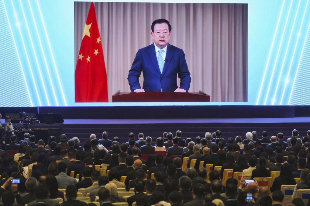 Xia Baolong, director of the Hong Kong and Macau Affairs Office, seen here in a pre-recorded video shown at the opening ceremony of National Security Education Day on Tuesday. Photo: Elson Li