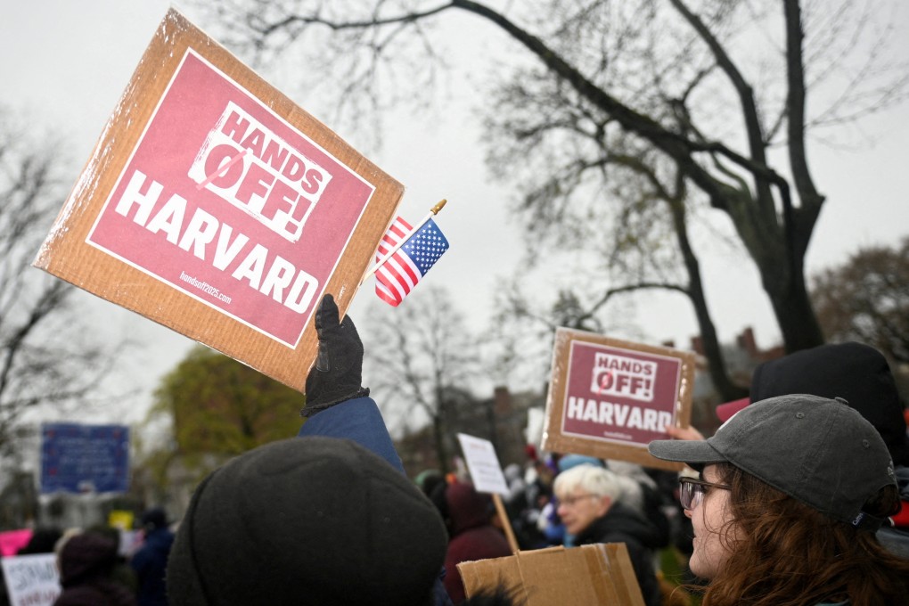 Demonstrators rally at a protest in Cambridge, Massachusetts, on Saturday calling on Harvard to resist interference by the federal government. Photo: Reuters