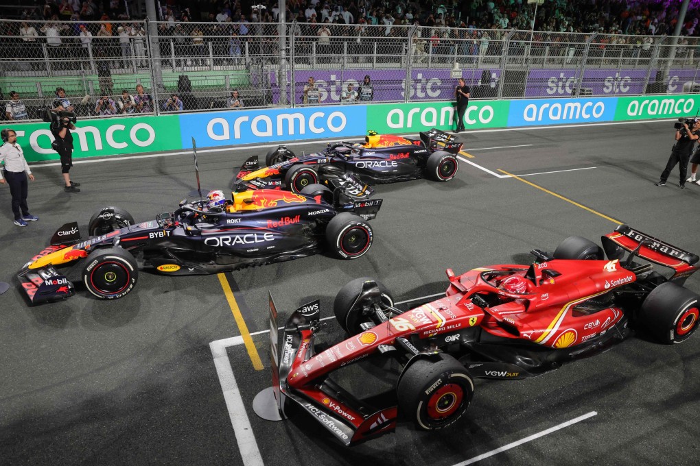 Red Bull’s Max Verstappen (left) and Sergio Perez (rear), and Ferrari’s Charles Leclerc finished in that order at last year’s Saudi Arabian Grand Prix. Photo: AFP