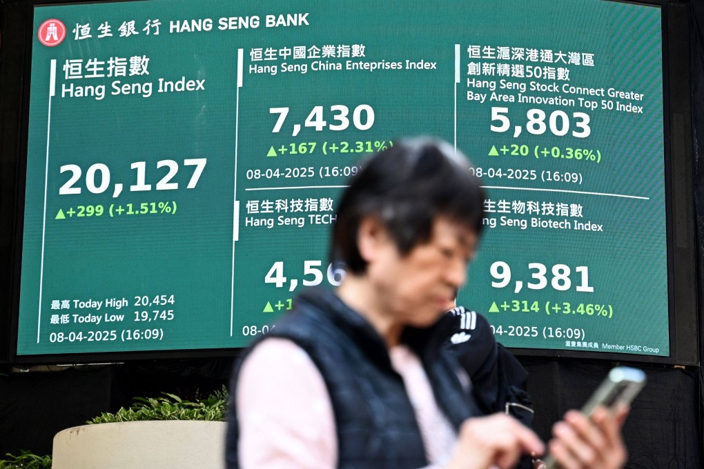 A woman checks her phone in front of an electronic sign board showing major Hang Seng stock indices on April 8, 2025. Photo: AFP