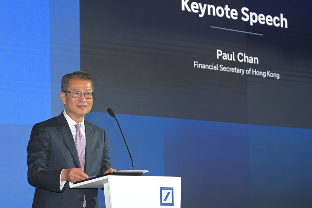 Financial Secretary Paul Chan Mo-po speaks at the Deutsche Bank Emerging Markets Family Office Forum in Hong Kong on April 16, 2025. Photo: Handout