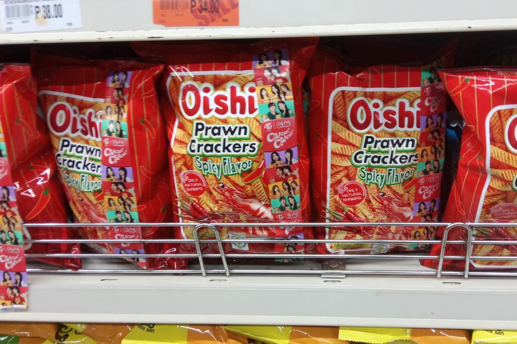 Prawn crackers from the Philippine-based maker of Oishi snacks sit on a store shelf in this undated file photo. Photo: Handout