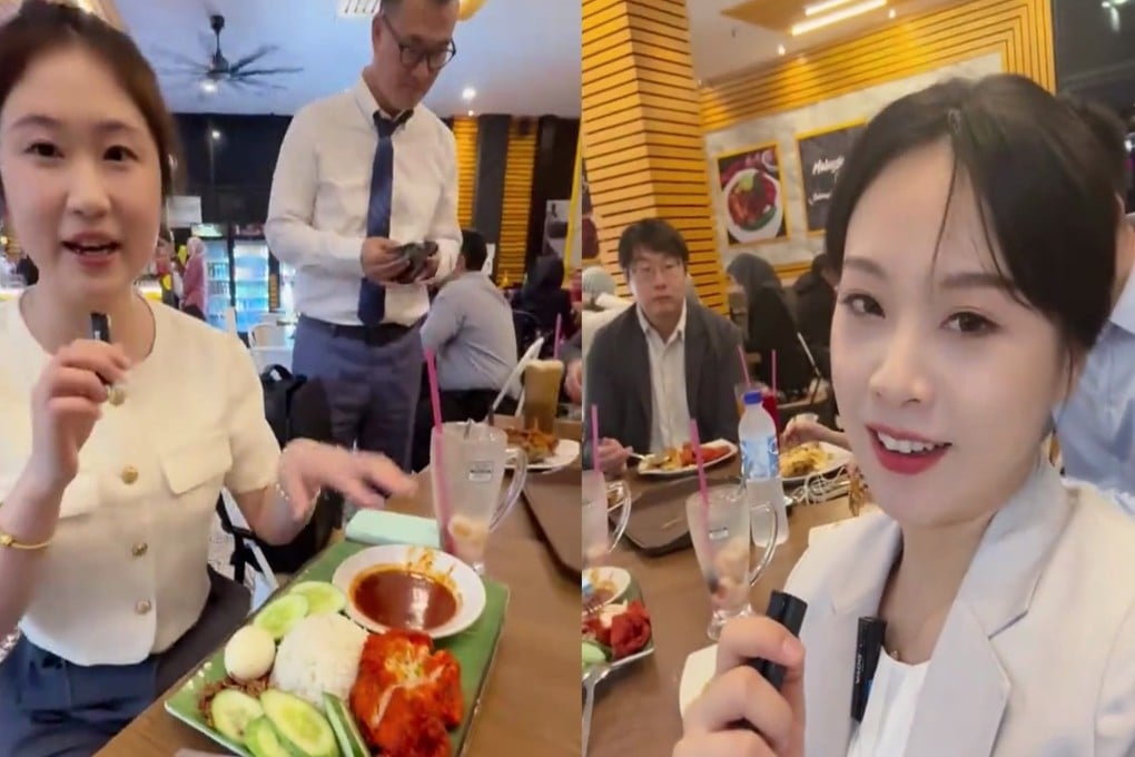 In this combined photo, Husna Liang (right) of the China Media Group and her colleague Latifah (left) describe their lunch in fluent Malay at a restaurant in Putrajaya. The Chinese journalists were part of the press corps that followed President Xi Jinping on his week-long tour of Southeast Asia. Photo: Handout