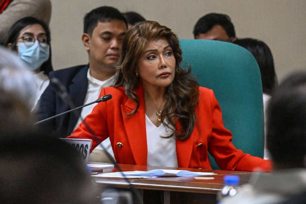 Philippine Senator Imee Marcos presides over a Committee of Foreign Affairs hearing on March 20 following Rodrigo Duterte’s arrest. Photo: AFP