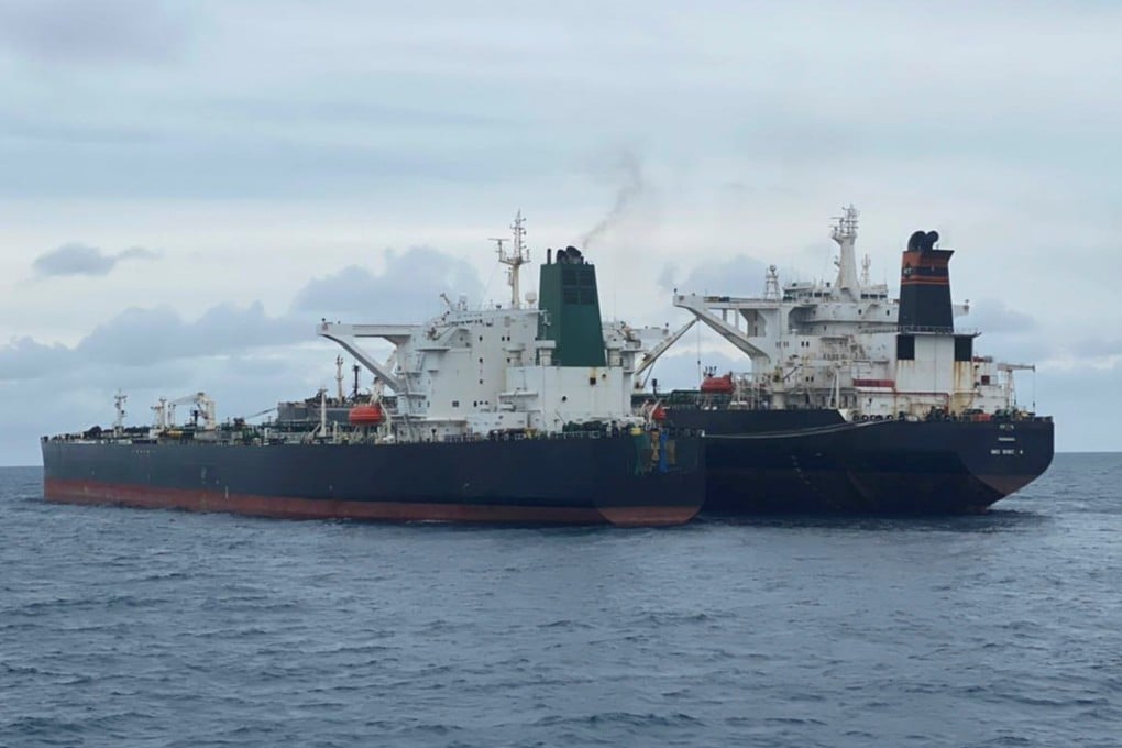 Panamanian-flagged MT Freya and the Iranian-flagged MT Horse vessels are seen anchored in the waters off Pontianak, West Kalimantan province, Indonesia in January 2021. Photo: Antara Foto/via REUTERS