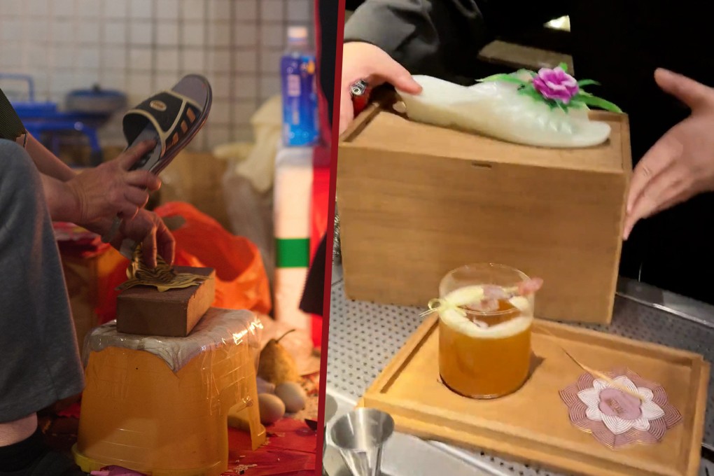 A bar in China is selling cocktails with slippers so that customers can partake in a ritual to banish bad vibes. Photo: SCMP composite/Shutterstock/Douyin
