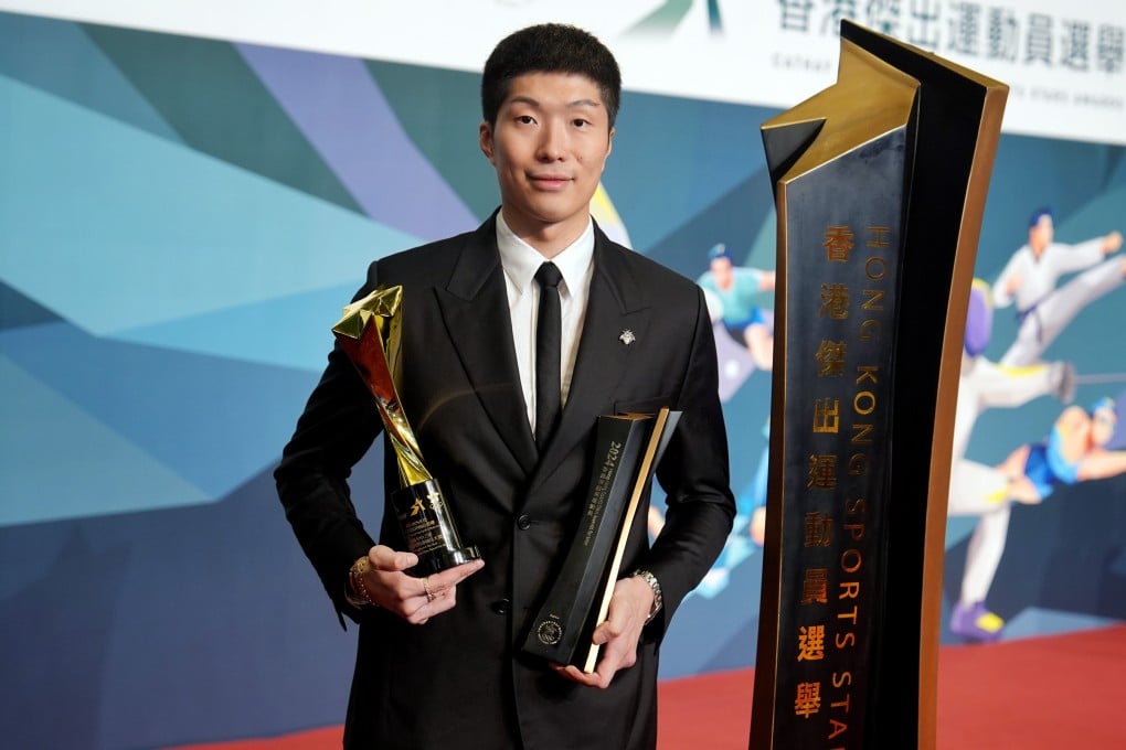 Cheung Ka-long poses with his prizes at the Sports Stars Awards on Thursday. Photo: Elson Li