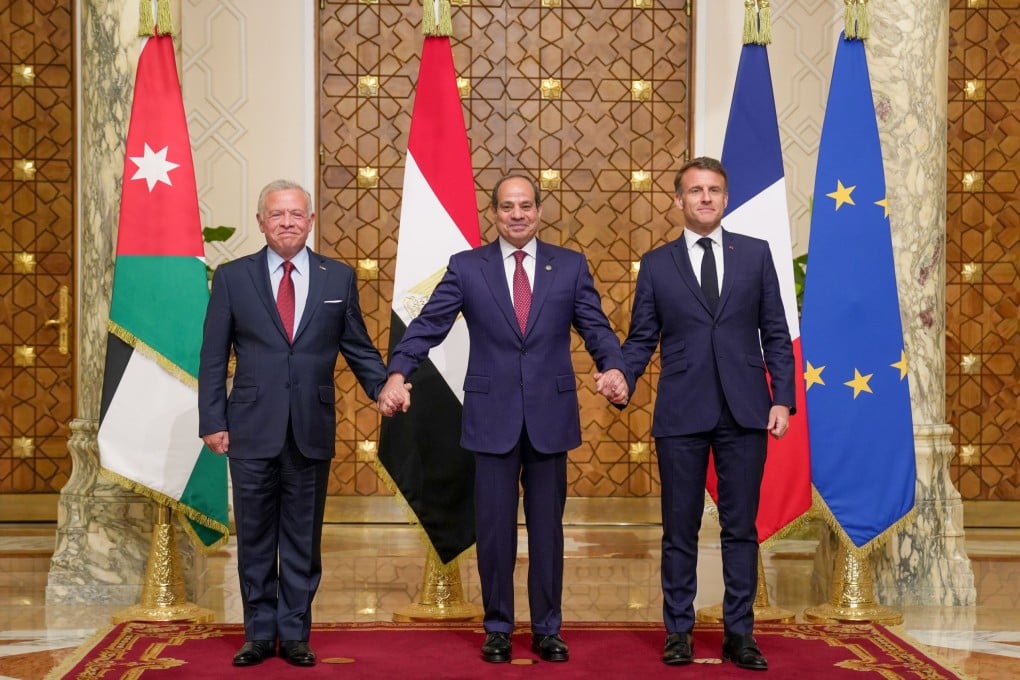 (From left) Jordan’s King Abdullah II, Egyptian President Abdel Fattah El-Sisi and French President Emmanuel Macron at the Presidential Palace in Cairo on April 7. Photo: Egyptian Presidency/dpa