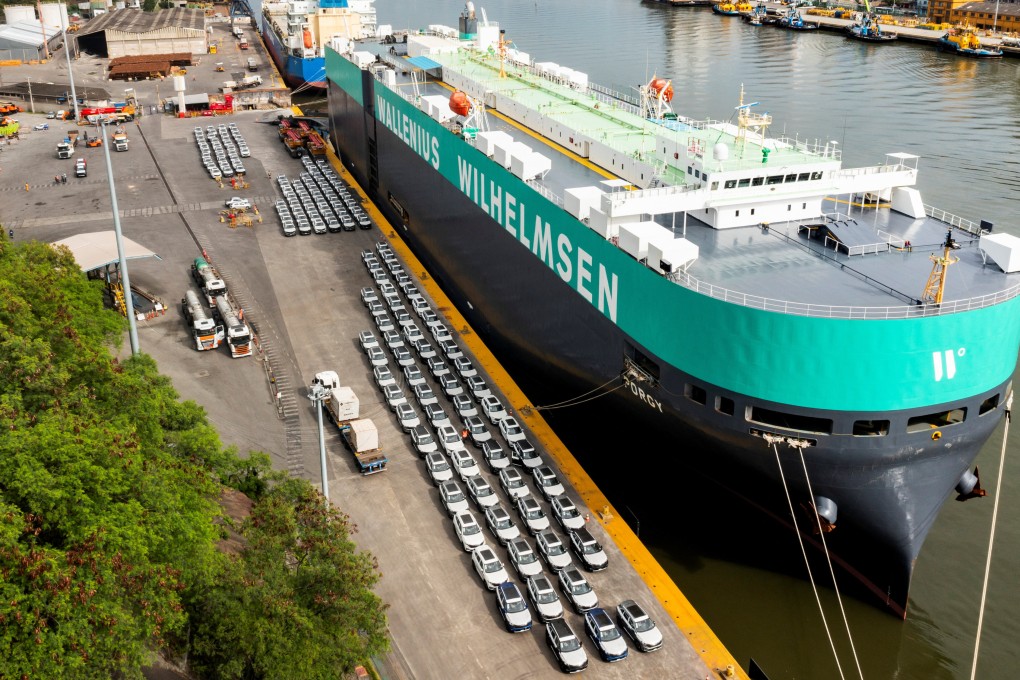Electric vehicles produced by the Chinese car maker BYD unloaded at a port in Espiritu Santo, Brazil, on Wednesday. Photo: Reuters
