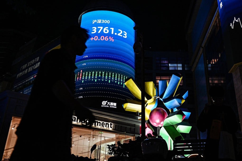 A screen showing the CSI 300 Index is seen at a mall in Guangzhou. Photo: AFP