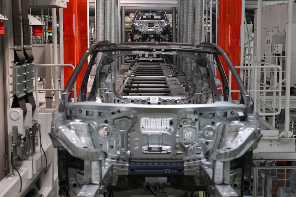 Electric cars are seen on the production line in a Nio factory in China. Chinese customs data shows US exports made up less than 1 per cent of total EV exports in 2023, even before the Biden administration slapped 100 per cent tariffs on Chinese EVs in 2024.  Photo: Reuters