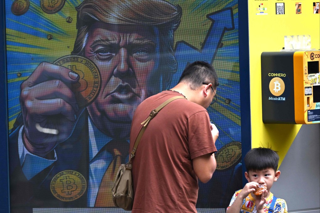 An image of US President Donald Trump is seen at a cryptocurrency exchange in Hong Kong on April 9. Photo: AFP