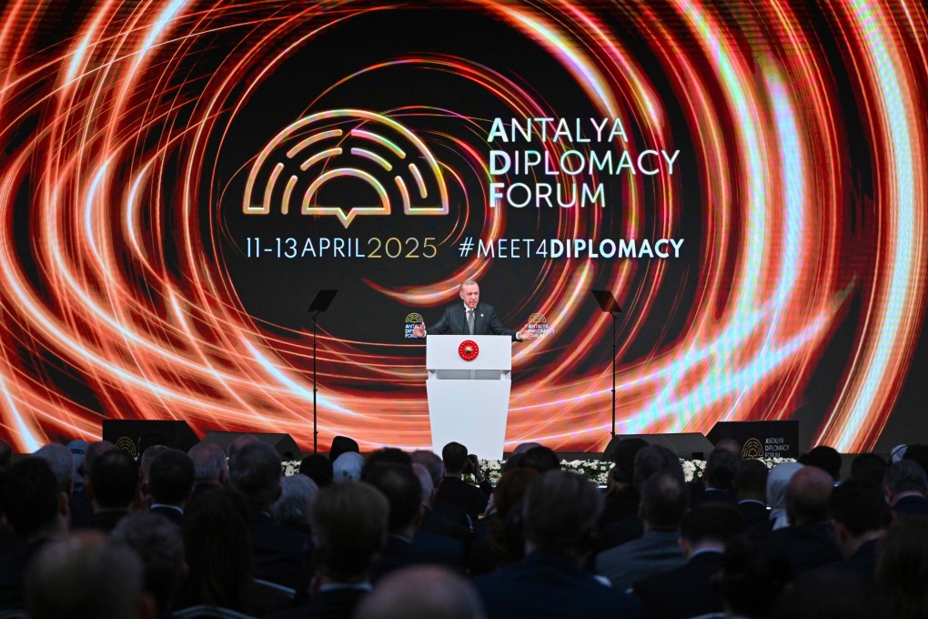 Turkish President Recep Tayyip Erdogan gives a speech during the opening ceremony of the Antalya Diplomacy Forum in Turkey on April 11. Photo: DIA/AP